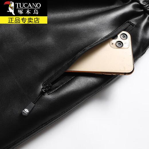 Woodpecker (TUCANO) Winter Leather Pants Men's Velvet Thickened Takeaway Cycling Driving Windproof and Waterproof Leather Pants Loose Warm Cotton Pants Men 2107 Black Velvet 4XL Approximately 2'8-2'9 Waist