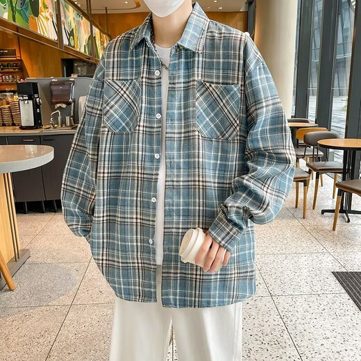 美式长袖衬衫男生春夏季宽松翻领格子衬衣复古潮流休闲百搭外套男 CRYZ687黄色 3XL