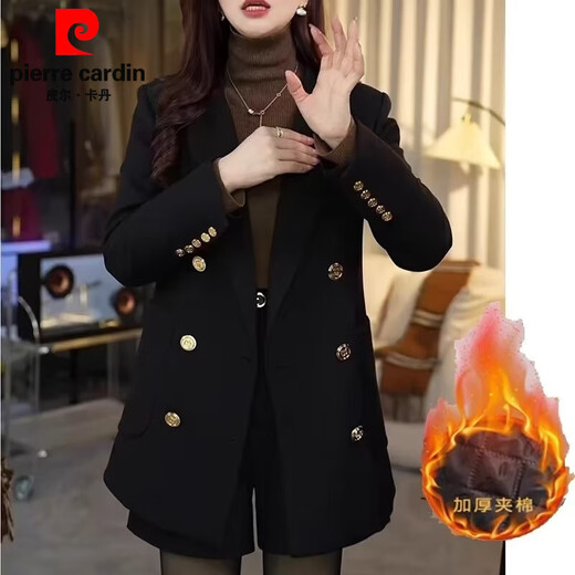 皮尔卡丹黑色双排扣加厚夹棉西装外套女秋冬新款感气质显瘦百搭小西服 黑色   夹棉 L 建议(120-130)斤