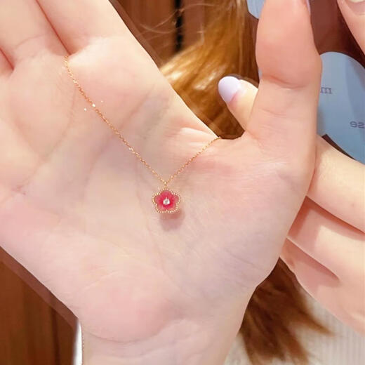 Youshu 18K gold pink peach blossom necklace for women, light luxury sterling silver gold-plated sweet cherry blossom clavicle chain four-leaf clover trendy pink peach blossom necklace