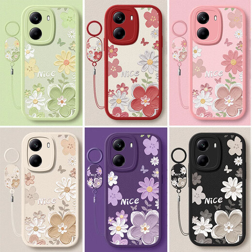 Qiansheng Redmi Turbo4 mobile phone case Xiaomi Redmi Turbo4 new silicone soft shell lens all-inclusive anti-fall shell 5G small fresh Internet celebrity high-looking girl protective cover oil painting flower-light green free hanging ring Redmi Turbo4