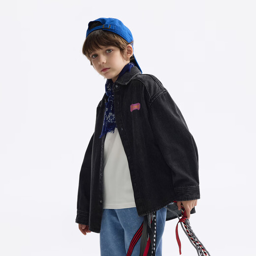 MQD (MQD) MQD children's clothing children's shirt spring new lapel long-sleeved washed denim shirt fashion printed top carbon black 150