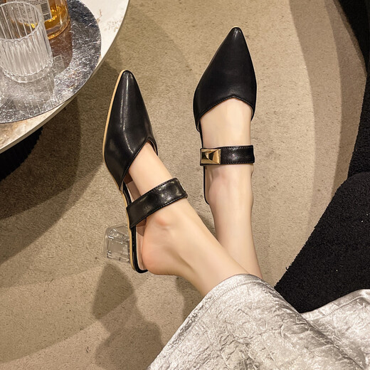 Pequeño tamaño de la bolsa de la bolsa media para mujeres en el verano Wear 2025 Nuevo temperamento francés Tacón grueso zapatillas individuales zapatillas altas tacón negro (Rongda/9923) 38