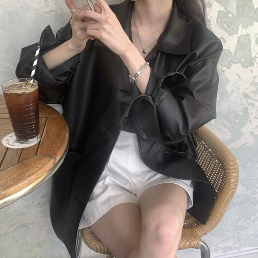 天丂韩式黑色皮衣衬衫女早春宽松百搭仿皮衣夹克外套设计感polo领上衣 黑色M【建议105斤以下】