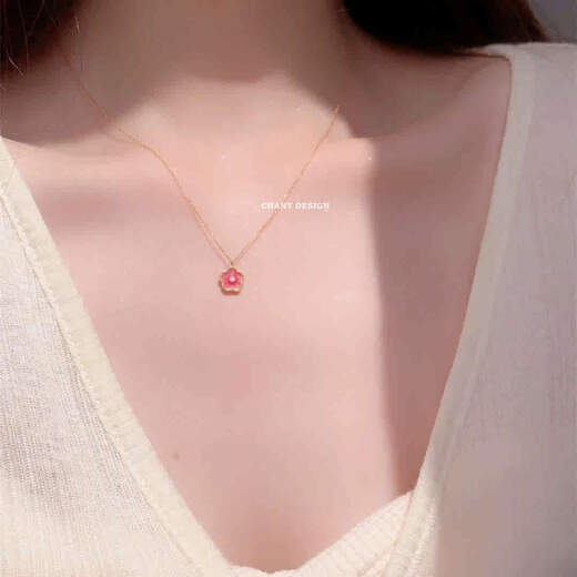 Youshu 18K gold pink peach blossom necklace for women, light luxury sterling silver gold-plated sweet cherry blossom clavicle chain four-leaf clover trendy pink peach blossom necklace