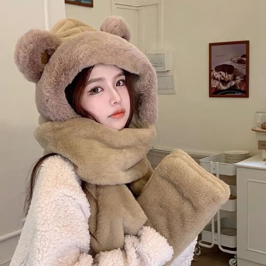 viney冬季围巾女保暖加厚帽子手套三件套围脖生日情人节礼物送女友老婆 【米色礼盒装】护耳包头帽子 均码