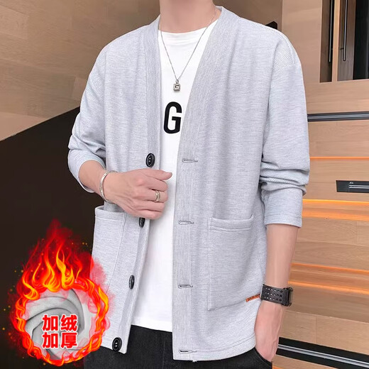 LEEREDPOI秋冬季夹克男士开衫外套V领休闲小西装华夫格纯色简约单西上衣服 白色 XL 约130-150斤可穿