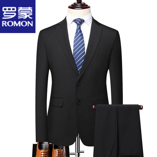 罗蒙（ROMON）西服套装男春秋商务休闲正装新郎婚礼礼服西装两件套修身西服外套 黑色两粒扣 S 165