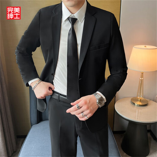 西服外套男轻熟风高级感修身单西休闲商务正装职业加大码伴郎西装 (单件装)黑色西装外套 XL 码140-155斤