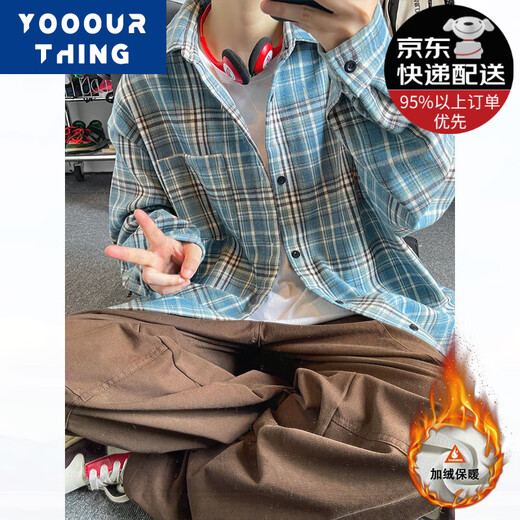 Yooourthing American Retro Camisa a cuadros Retro La primavera de manga larga, otoño e invierno más terciopelo, una pareja suelta de camisa casual versátil CJ9734-Orange Plus Velvet M (recomendado 90-110Jin [Jin iguala 0.5 kg])