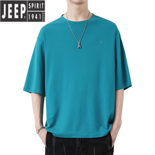 
JEEP SPIRIT 7-quarter sleeve men's short-sleeved T-shirt 2025 summer new round neck loose fit embroidered mid-sleeved trendy brand ins half-sleeved QD659 white XL