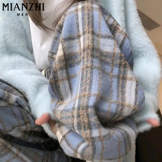 棉致毛呢格子裤子女春秋季新款宽松阔腿高腰运动休闲卫裤 687藏青色【不加绒高品质】 S 80-90斤