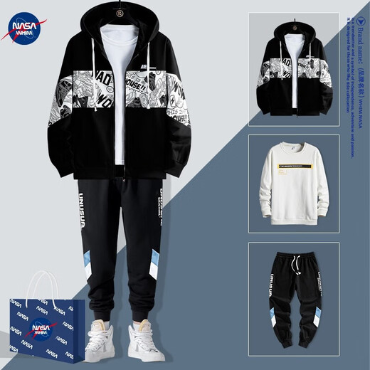 WHIM NASA男士外套男春秋季款夹克衣服男装三件套运动套装青少年初高中学生 838 黑灰色 三件套 XL
