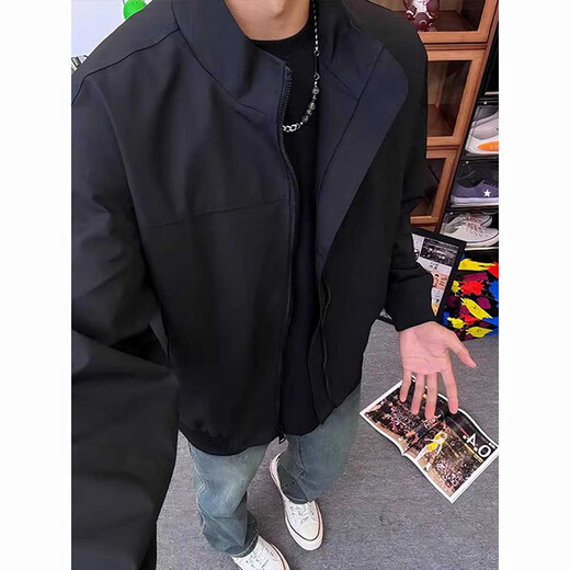 POUM美式教练夹克外套男秋冬款软壳冲锋上衣立领cleanfit飞行员棒球服 CLH-Y6629黑色 L
