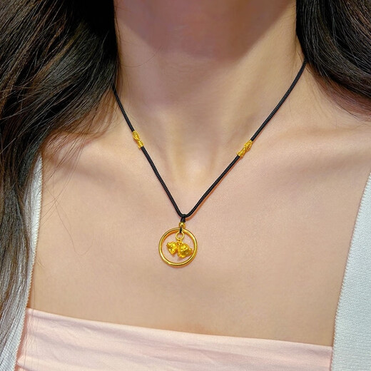 GRAYCEWODY Old Phoenix 999 gold lily of the valley flower pendant for women new simple plain circle peace buckle woven black rope clavicle necklace gold lily of the valley flower pendant for women new simple plain circle