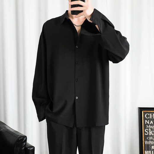 Shirt men's spring and summer long-sleeved drapey high-end loose casual black shirt men's long-sleeved ice silk inch shirt trendy C054 black regular L