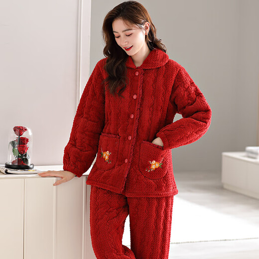 莫代尔睡衣女冬季三层加厚珊瑚绒夹棉袄秋冬大红色本命年家居服新款 9276 M 【建议80-100斤】 三层加厚