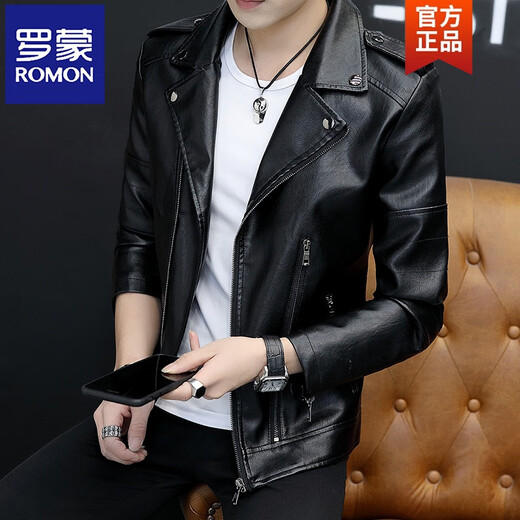 ROMON Leather Men's Jacket 2026 New Spring Trend Slim and Handsome Spring Autumn Winter Motorcycle Jacket Plus Velvet Leather Jacket Black 8921 M
