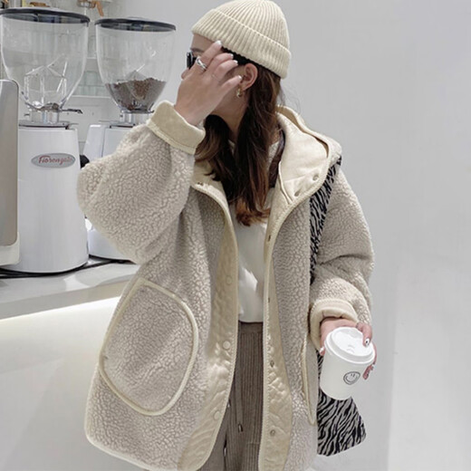 TonLion 2024 Women's Hooded Spliced Jacket Dark Milky White L