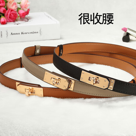 Yunfan H Home Kelly Real Leather Thin Belt Women's Lock Kelly Coat Summer Decoration avec jupe taille 13780 Classic Black Gold Buckle