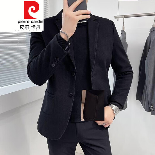 皮尔卡丹（pierre cardin）秋冬毛呢西装男外套短款韩版修身休闲西服领毛呢大衣男 X829双排扣西装 黑色 S 建议80-95斤