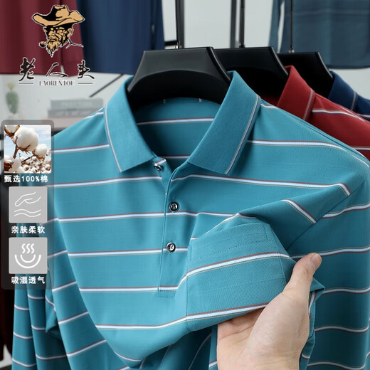 Old Man's Head (Laorentou) Klassiker gestreiftes langärmeliges T-Shirt für Männer im Frühling und Herbst reines Baumwoll Real Taschenlampe Business Casual Daddy's Base Shirt Men BJ3891 Red L