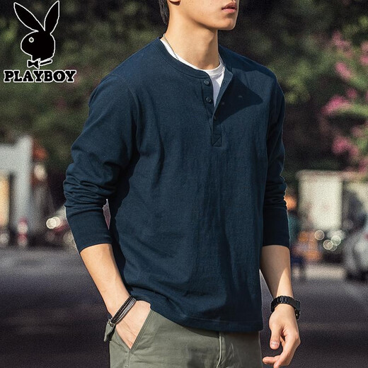 Playboy American Retro Henley Long Sleeve T-Shirt Men's 2025 Spring 250g Pure Cotton Side Seamless Henley Collar Bottoming Shirt Denim Blue 250g Pure Cotton L Reference 140-155Jin Jin is equal to 0.5 kg