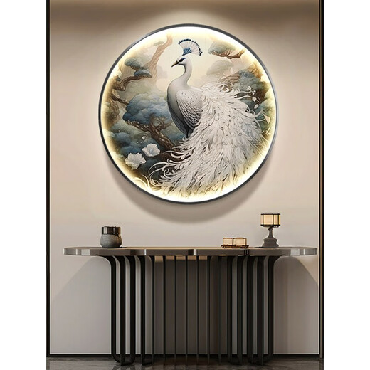 孔雀新中式发光玄关装饰画轻奢圆形入户led灯光画走廊过道壁挂画 吉祥孔雀1449 轻奢金(铝合金拉丝框)+直径50CM+遥控控制(接