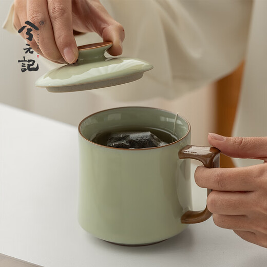Xiyuanji Guanyao Ceramic Tea Cup Personal Office Tea Cup with Cover Mug High-end Ceramic Cup Beige Guanyao Song Water Cup-Simple Pack 350ml