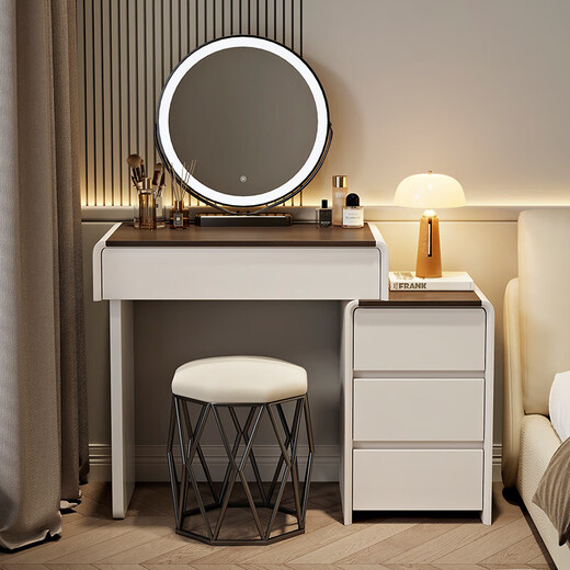 Xinang dressing table bedroom modern small apartment simple small Nordic light luxury solid wood dressing table storage cabinet integrated 60cm white walnut + three drawer cabinet + round mirror + bird's nest stool