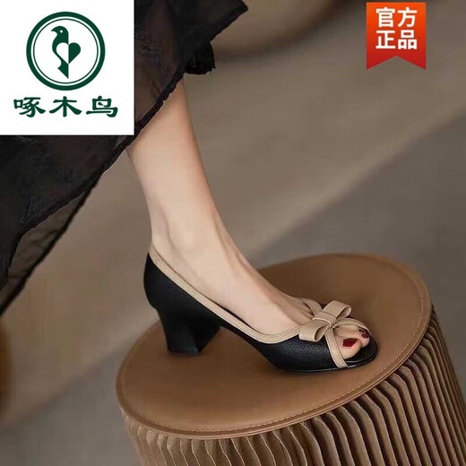 Woodpecker's new 2025 summer leather thick heel sandals fish mouth open toe fashion non-slip fairy style single shoes women's off-white 37