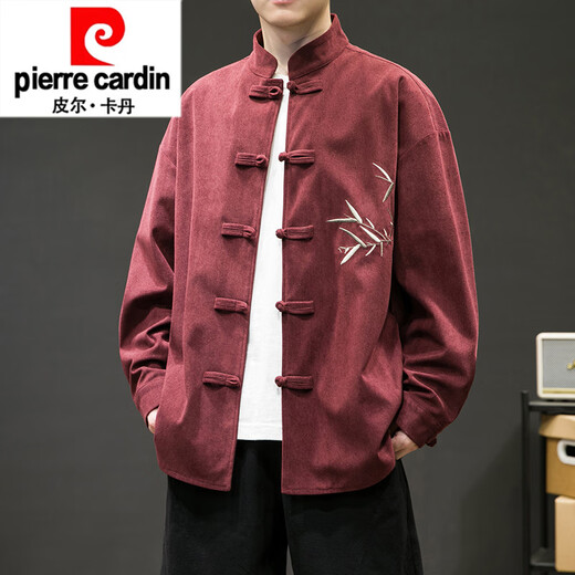 
Pierre cardin Chinese style embroidered jacket for men in spring and autumn new Chinese style retro buckle jacket large size loose modified Hanfu Tang suit black XL