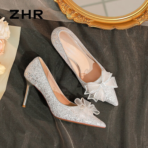 
ZHR Chinese Valentine's High Heels Women's French Crystal Wedding Shoes Women's Thin Heels Pointed Bow Single Shoes Women's BQ122 Silver 37