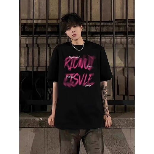 西域传奇美式重磅短袖T恤男2025新款潮流夏季潮牌纯棉痞帅高街男装五分袖 黑色 常规 XL （120斤-145斤）