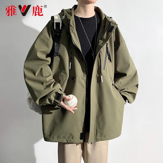 Yalu Jacket Outdoor Men's Jacket Hooded Waterproof Windproof Loose Jacket Men's Youth Mountaineering Jacket All-match Top Khaki XL (Recommended 145-160 Jin Jin equals 0.5 kg)
