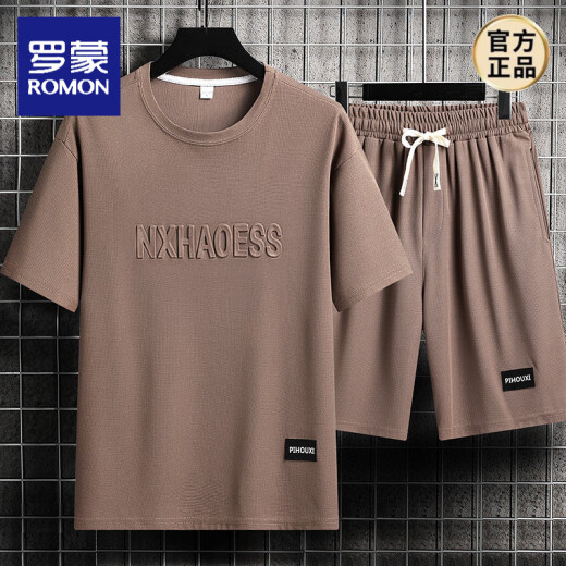 罗蒙（ROMON）男士夏季套装青少年短袖t恤薄款冰丝两件套休闲运动服五分短裤子 套装-TZ829军绿【上衣+裤子】 M 建议90-110斤