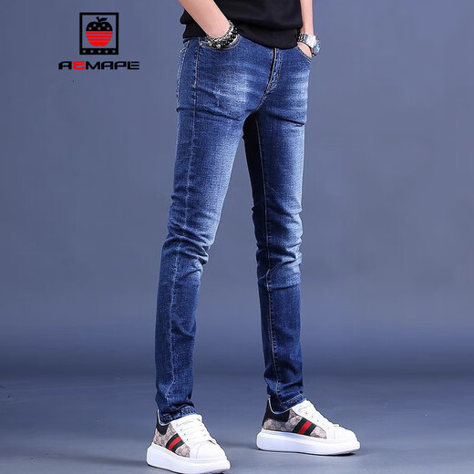 
AEMAPE 2024 new summer jeans men's trendy brand slim feet trendy Korean style stretch men's casual long trousers 9903 blue 33