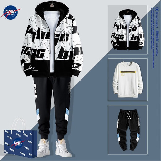 WHIM NASA男士外套男春秋季款夹克衣服男装三件套运动套装青少年初高中学生 838 黑灰色 三件套 XL