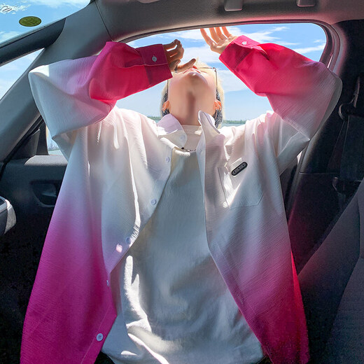 NYING gradient long-sleeved shirt for boys 25 spring and autumn new American trendy brand handsome lapel casual loose shirt jacket gradient pink XL (125-145Jin Jin equals 0.5 kg)