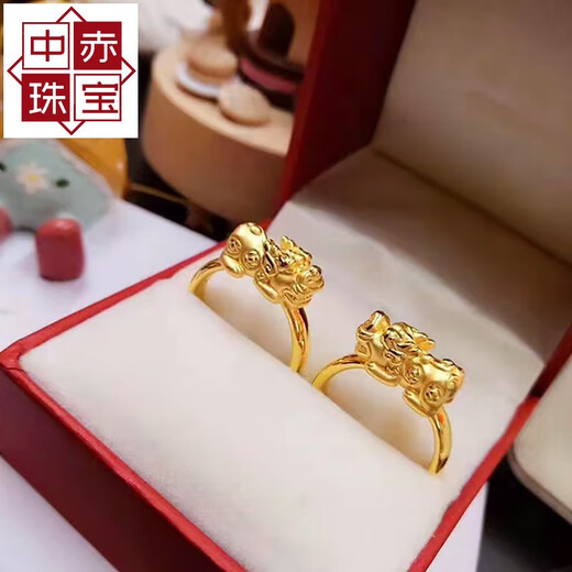 Zhongchi Gold Pixiu Ring 999 Pure Gold Couple Ring Leather New Style Transfer Bead Tail Ring Female Personalized Pure Gold Ring No. 8 1.45-1.55g