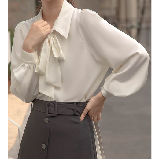 Harudi white long-sleeved shirt women's French bow spring and autumn chiffon commuting design lantern sleeve ribbon professional top white L (recommended 110-130)