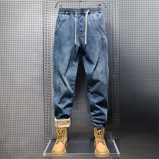 Jeansvis velvet thickened men's jeans 2025 autumn and winter cold and warm velvet outer wear men's leggings harem pants K009 blue gray velvet 2XL