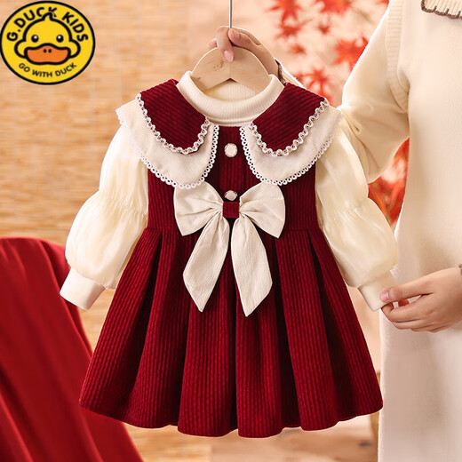 G.duck little yellow duck girls dress two-piece set 2026 autumn and winter new style baby one-year-old dress plus velvet princess dress red autumn and winter plus velvet 100 cm