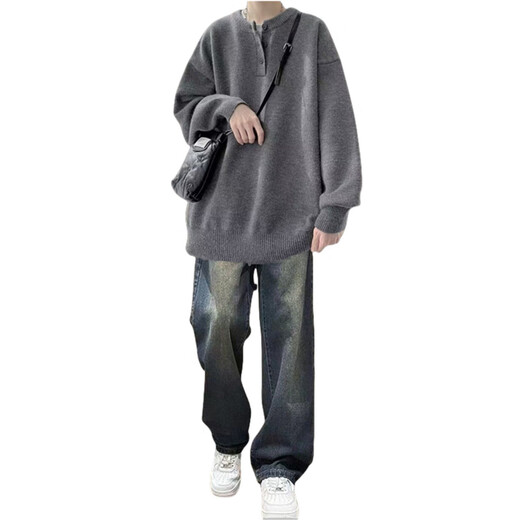
VZVG design sense sweater trendy spring and winter two-piece set for men's outfit a set of handsome student teenagers casual suit a[2-piece] 5009 sweater light gray + 7013 cow 3XL