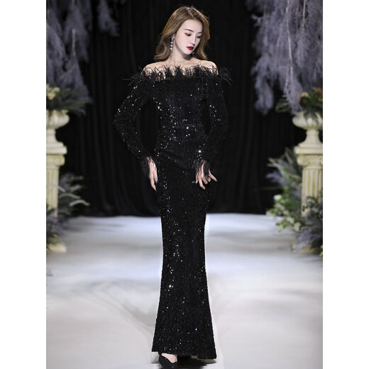 Chuangjing Yixuan Annual Meeting Dress for Women High-end Sequin Evening Dress for Women One Shoulder Sexy Long Sleeve Mermaid High-End Light Luxury Niche Black 2XL