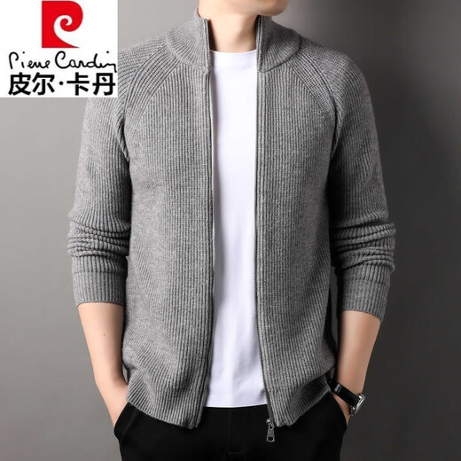 Pierre Cardin knitted cardigan men's half turtleneck zipper wool sweater top spring and autumn pit stripe warm sweater jacket gray XL 175/115/recommended 135-155Jin Jin equals 0.5 kg