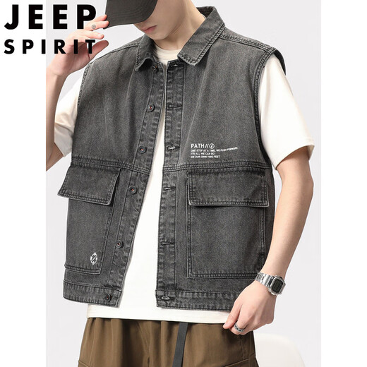 JEEP SPIRIT新款高街复古男士工装牛仔马甲灰色时尚背心无袖坎肩春秋季大口袋 9215#黑色 2XL (建议体重170-190斤)