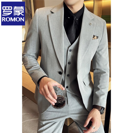 罗蒙（ROMON）高级感西服套装男士结婚新郎伴郎礼服商务职业面试正装大码西装男 黑色【西服+裤+衬衫】 送领带 （52） XL