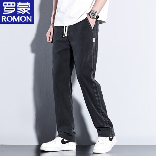 Romon Ice Silk casual pants for men in spring and summer trendy brand straight loose casual men's pants Tennis wide-leg men's long pants men's clothing HJ1048 black M Reference about 90-110