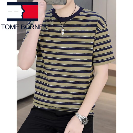 Tommy Hee Kelly Tommy's Men's с коротким рукавом-футболкой летняя модная брендская полоса тяжелая футболка с тяжелой круглой шеей повседневной универсальной одежды Мужчины 9906 Khaki 2xl